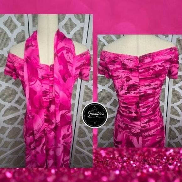 Capri by Mon Cheri Hot Pink Ruched Beaded Bodice A-Line Flared Long Dress 10/12 - Picture 8 of 14